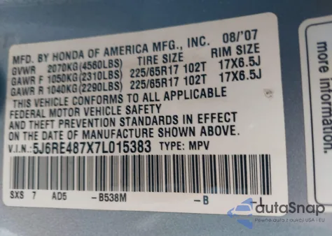 2007 Honda Cr-V Ex-L from USA, damaged, VIN 5J6RE487X7L015383
